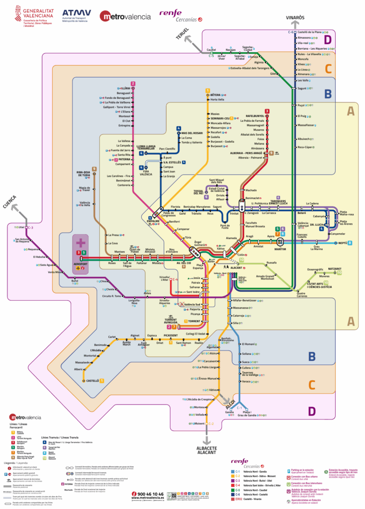 Plano Zonal de las líneas de Metrovalencia y Cercanías Renfe