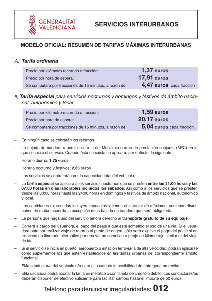 Tarifas interurbanas oficiales de taxi en Valencia 2025, precio por kilómetro y hora de espera.